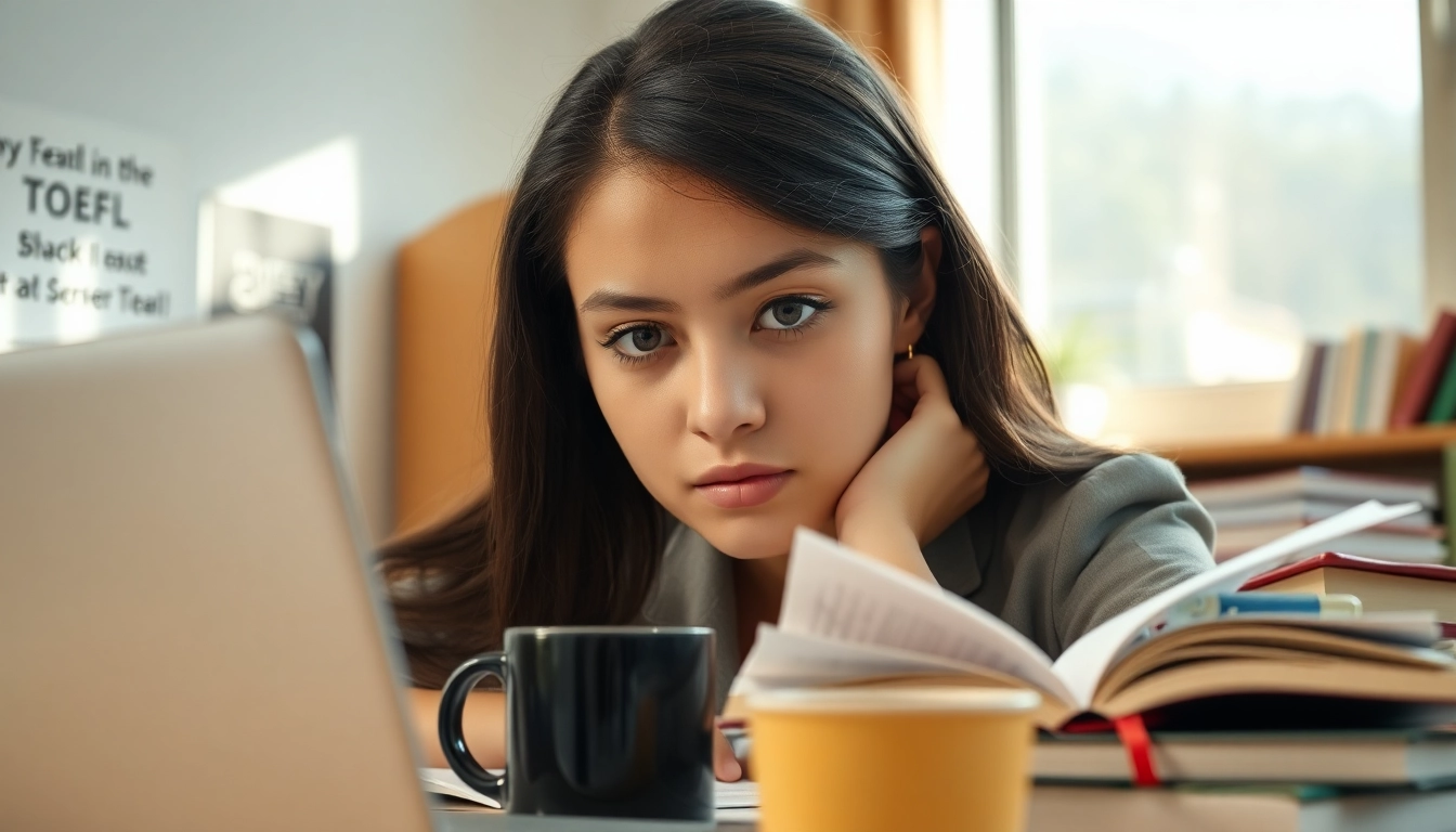 Pay someone to take TOEFL exam with focus and determination in a study setting.