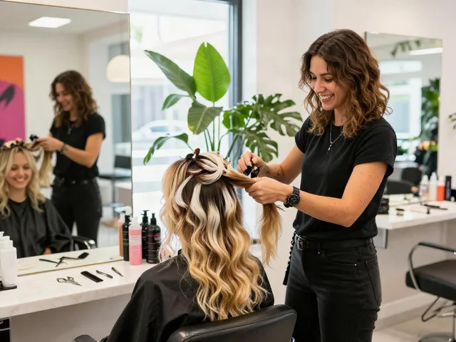 Professional hair extensions being expertly applied in a bright salon setting to create a beautiful balayage look.