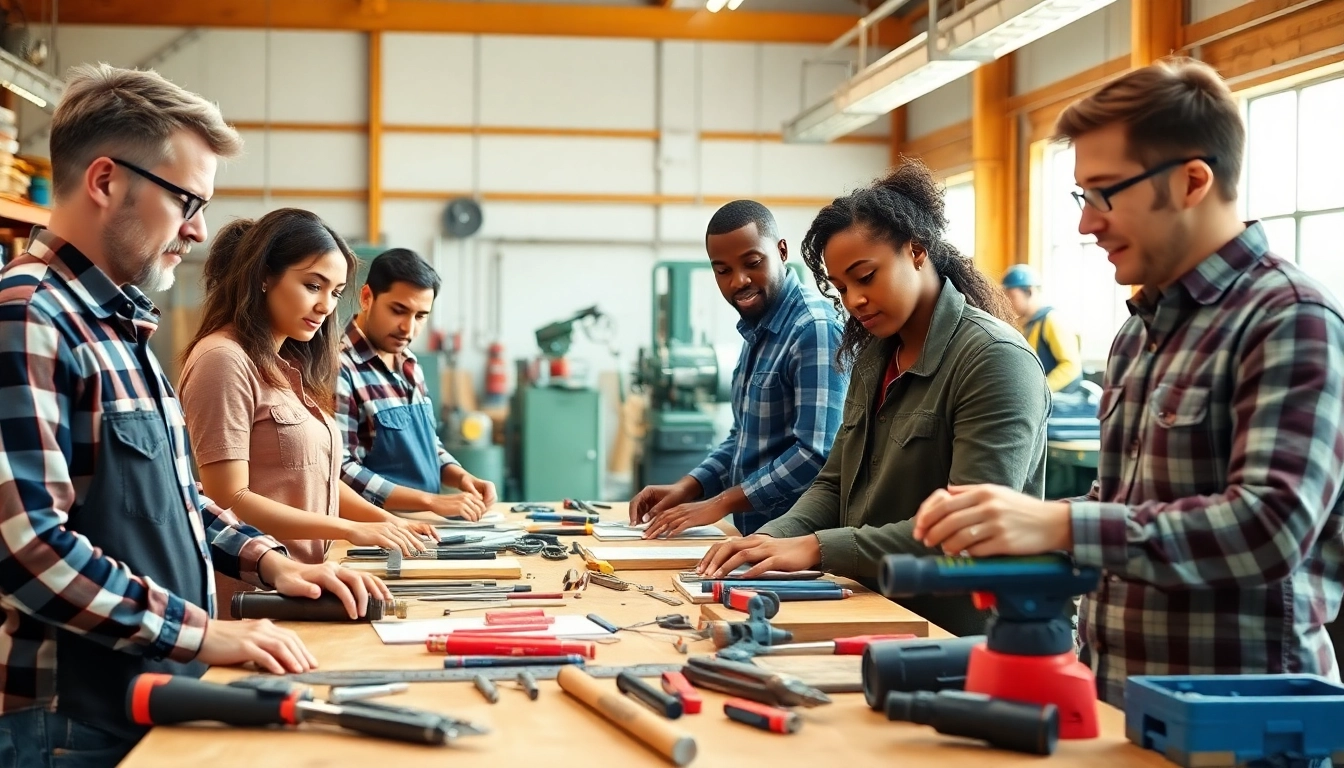 Individuals engaged in skilled trades training focusing on hands-on learning in a collaborative workshop.