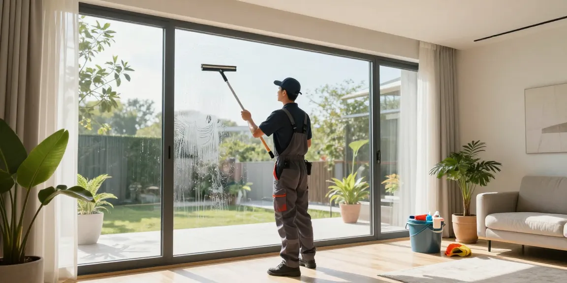 Effective glass cleaning demonstrating glasreinigung preis with professional window cleaner in bright living room