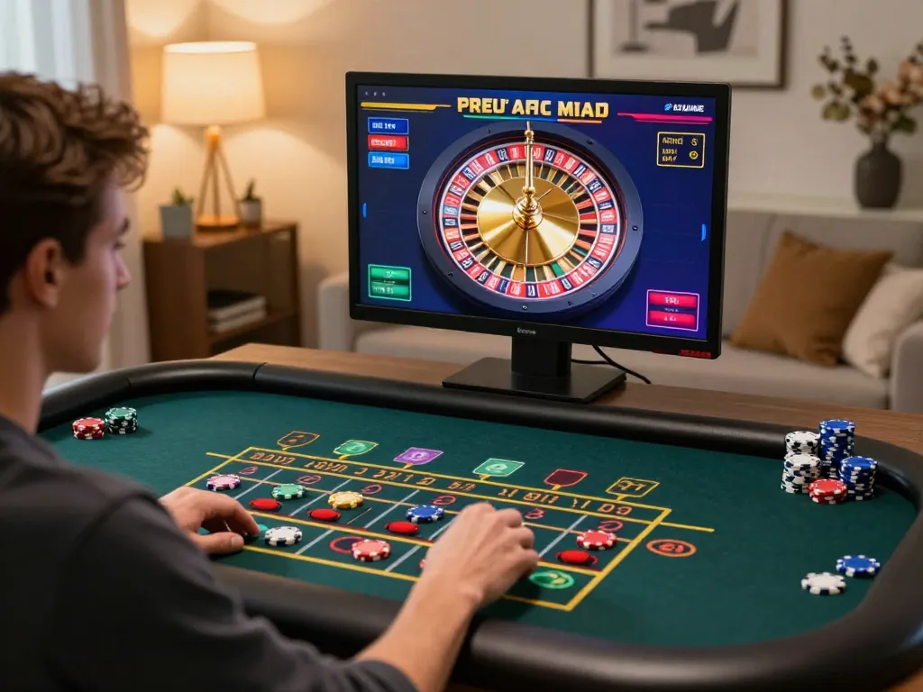 Engaging player using RR88 NAVY interface for online roulette, vibrant gaming atmosphere.