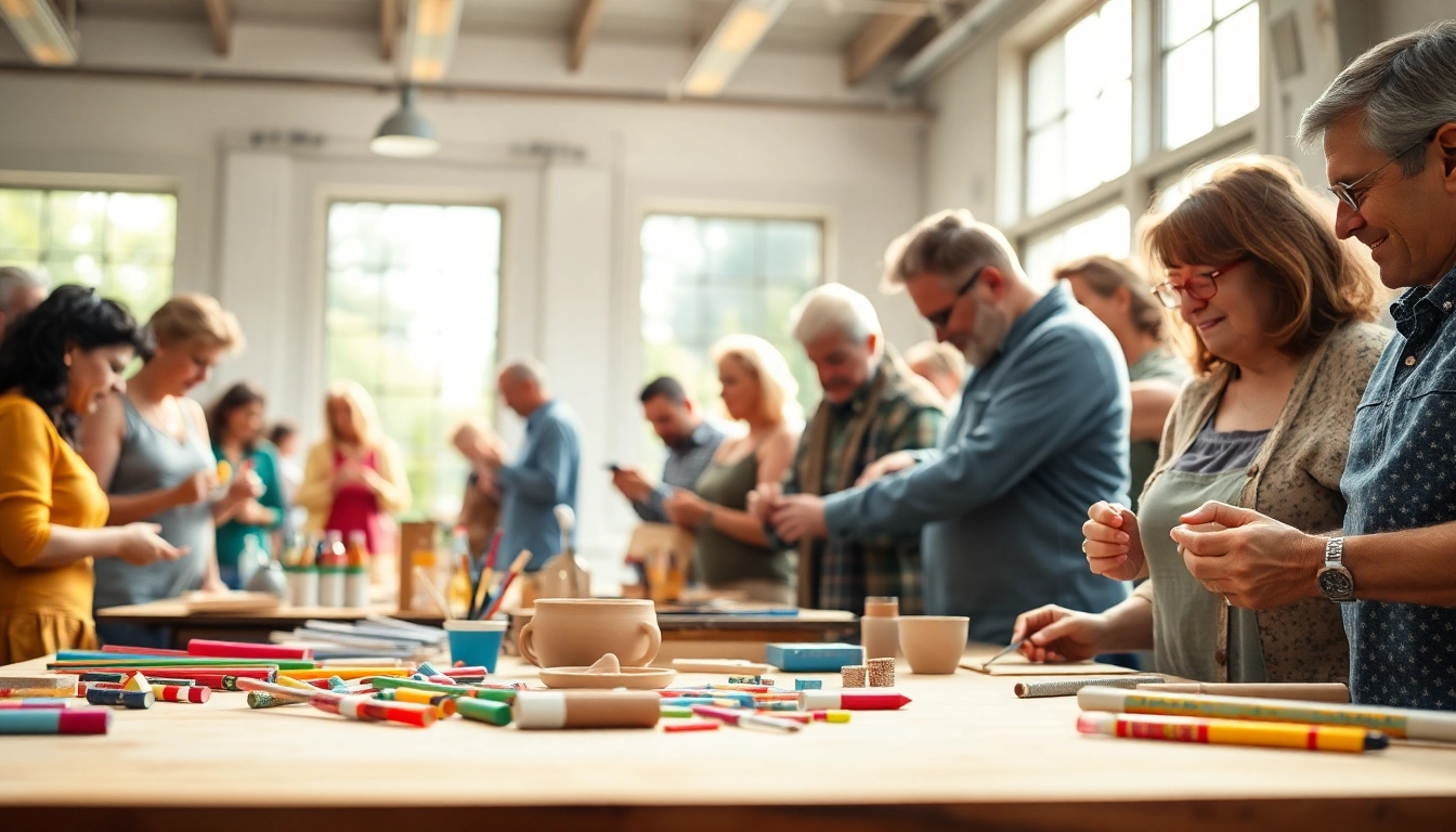 Participants engaging in craft training programs with various crafting materials and tools.