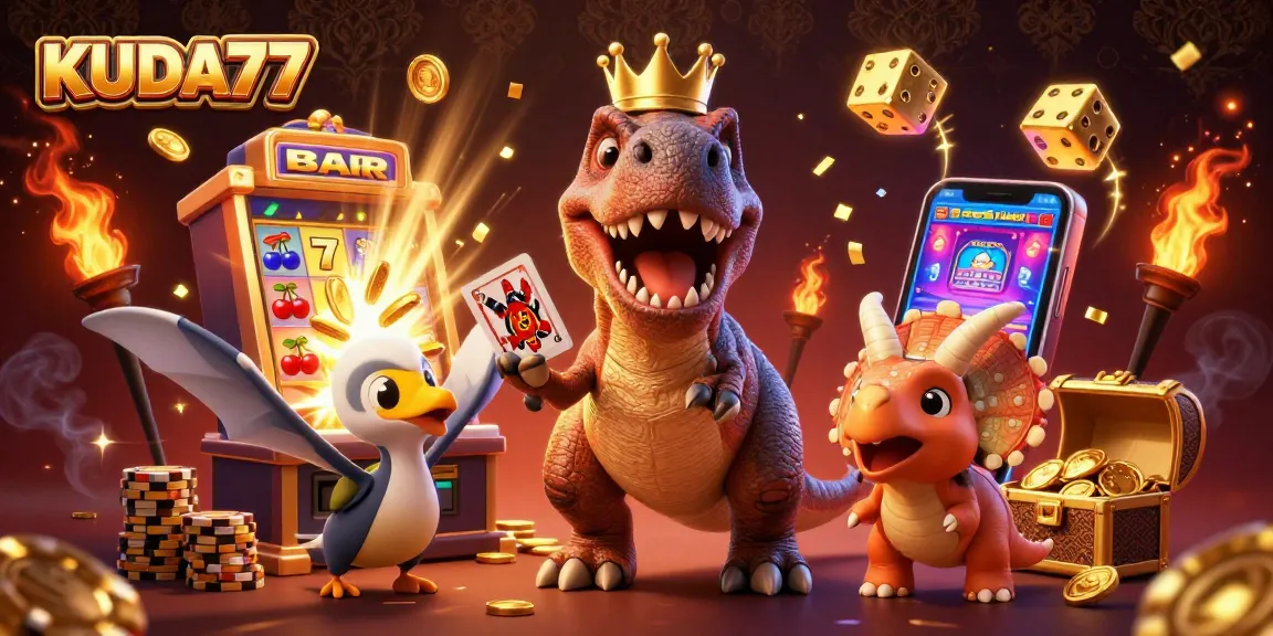 KUDA77 membawa keseruan kasino dengan karakter dino yang lucu dan mesin slot yang meledak