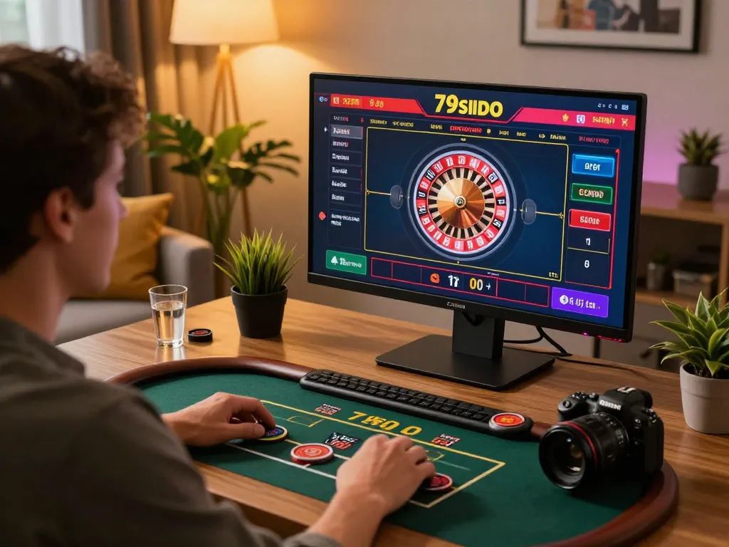 Player enjoying an online game at 79sodo, showcasing a live dealer roulette setup in a modern home.