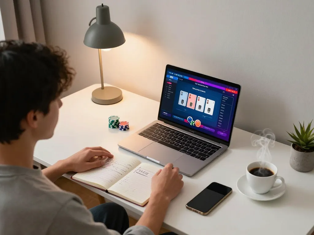C168 player strategizing during online poker game at home, laptop interface showing gameplay