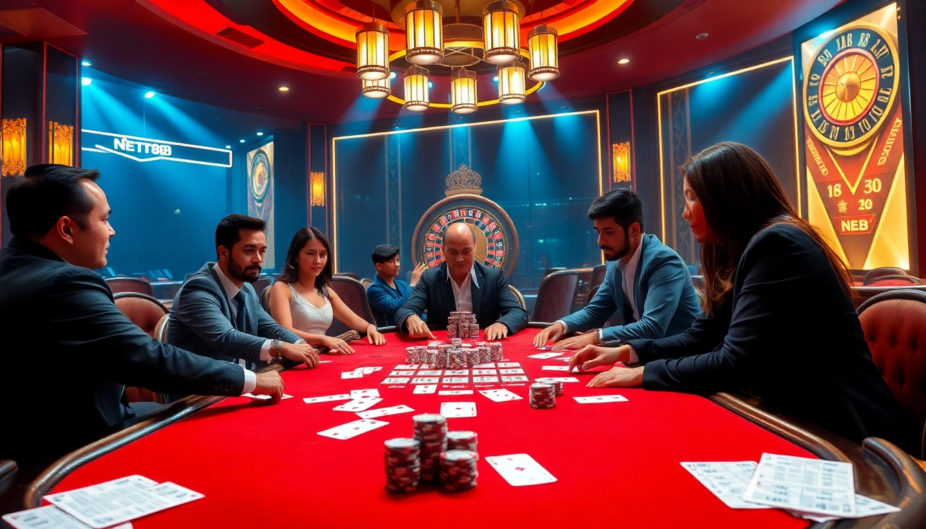 NET88 poker table scene showcasing players in action with vibrant lighting in a luxurious casino environment.