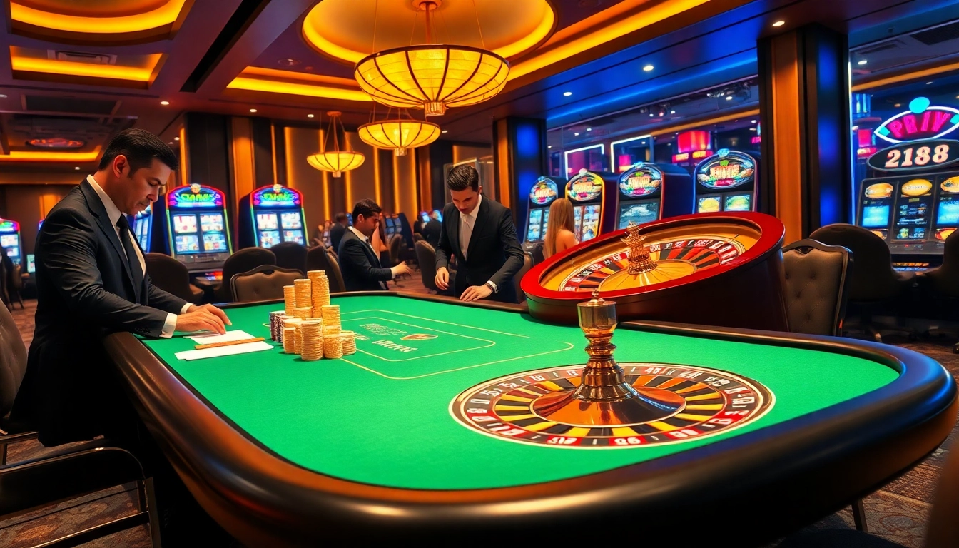 Experience the excitement of NHÀ CÁI UU88 at a luxurious casino table with vibrant gaming elements.