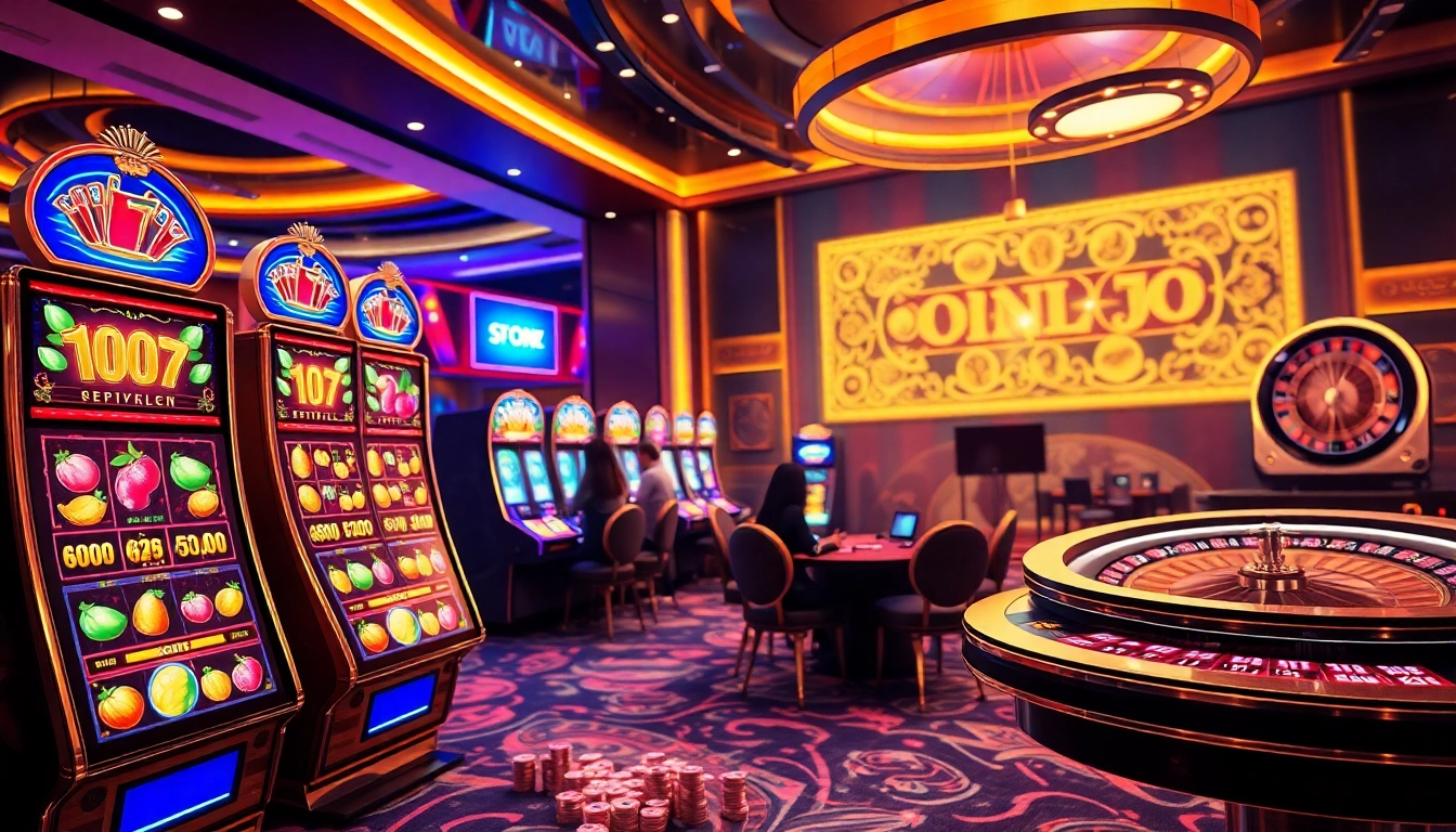 Nổ hũ online gaming scene showcasing vibrant slot machines and players engaged in betting.