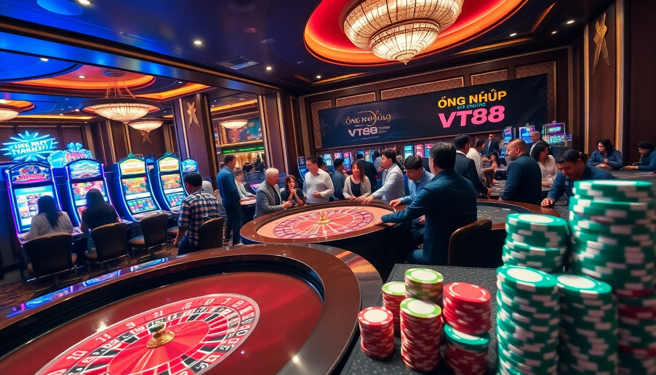 Engaging gamblers at a vibrant casino featuring ĐĂNG NHẬP VT88 and exciting gaming atmosphere.