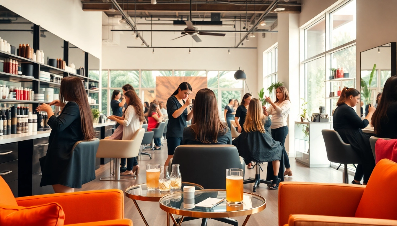 San Diego's premier hair salon showcasing professionals at work, offering haircuts and highlights for clients.