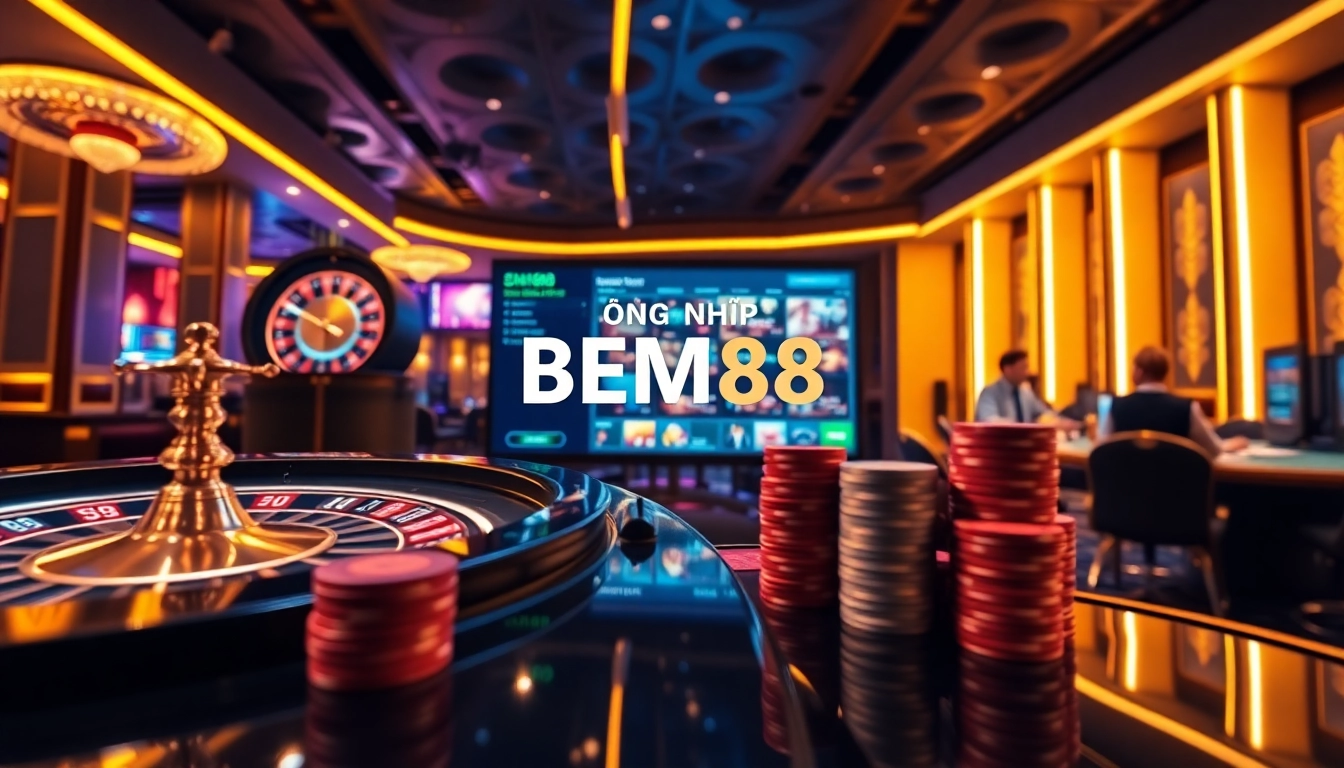 Engaging scene highlighting ĐĂNG NHẬP BEM88 with a modern casino interface, showcasing vibrant elements of gaming.