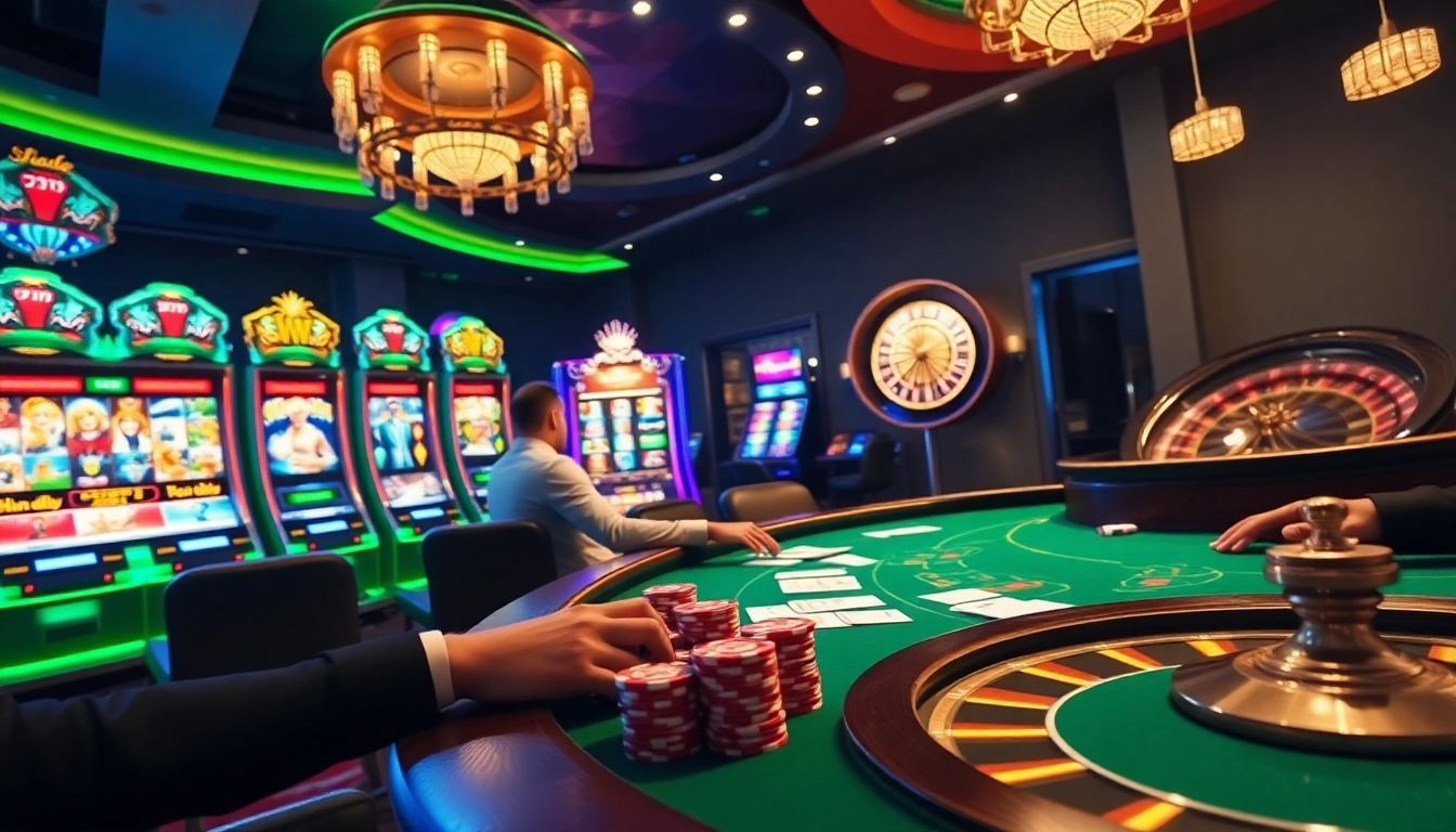 Exciting scene at the best crypto casinos featuring poker play and vibrant slot machines.