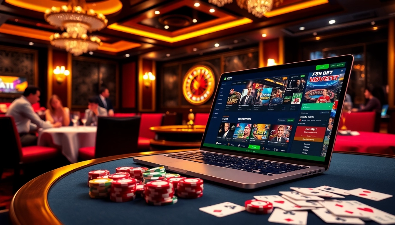 Experience F88BET excitement with poker chips and a roulette wheel in this luxury casino scene.