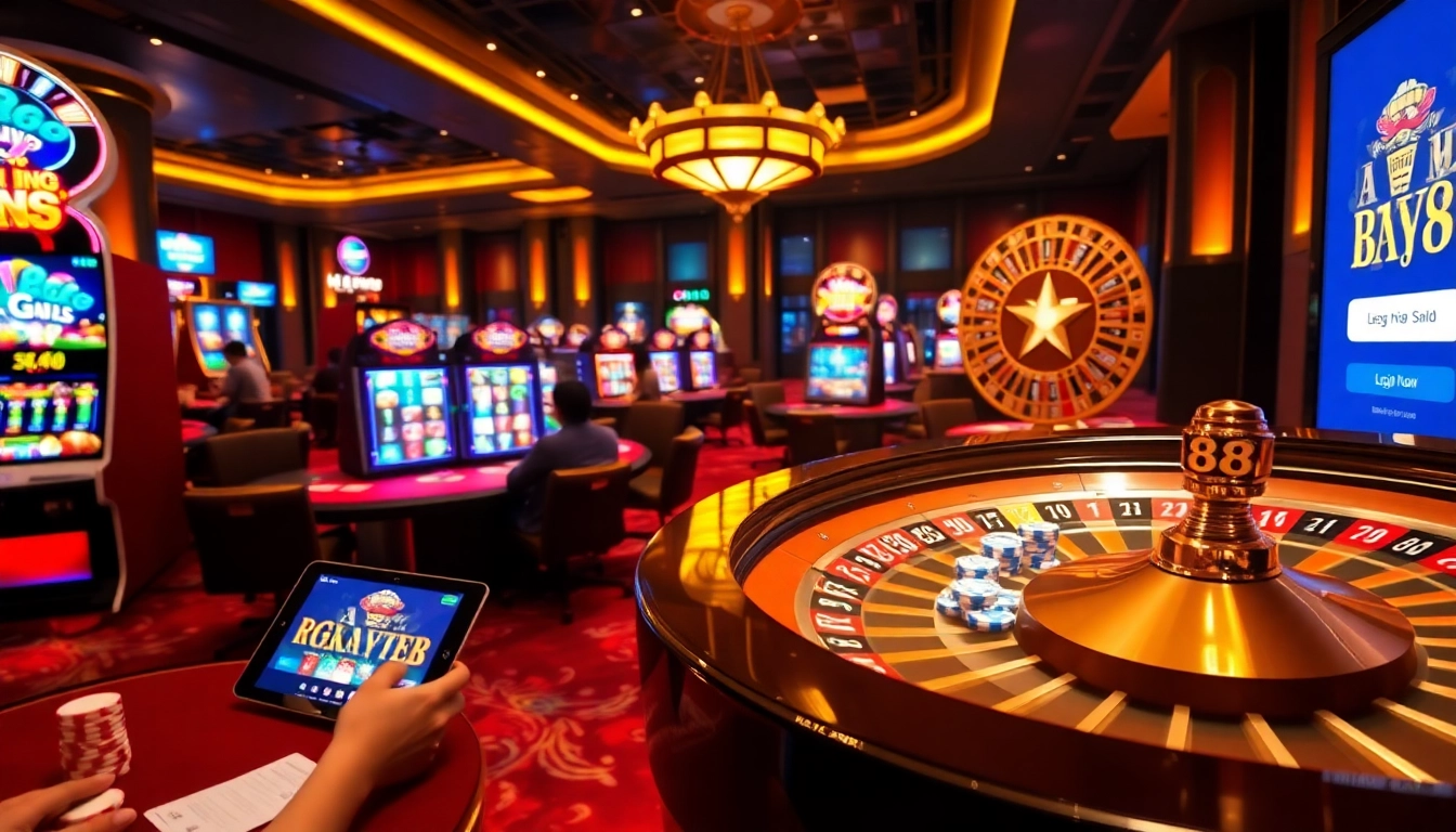 Experience the thrilling ĐĂNG NHẬP B8 moments with vibrant casino tables and illuminated slot machines.