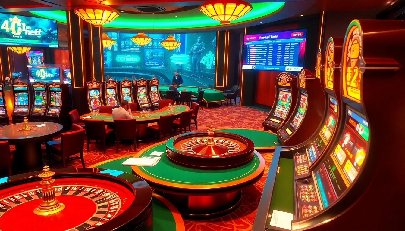 Experience the excitement of 'ĐĂNG NHẬP HBBET' at a vibrant casino featuring poker games and roulette tables.