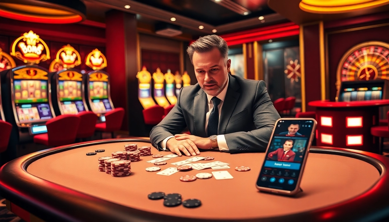 Engaged gambler playing poker at a stylish table with casino elements from https://gg88.black/.