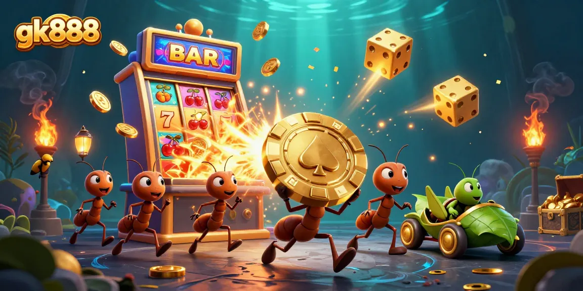 Experience the excitement of gk888 with a heist scene featuring ants and a colorful casino backdrop.