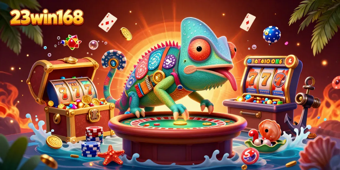 Experience the exciting world of online casino gaming with 23win168's vibrant illustration, featuring a colorful chameleon's dynamic presence.