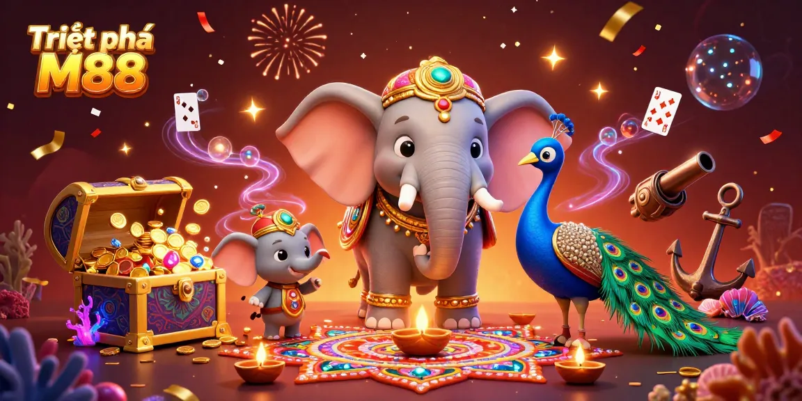 Engage in Triệt phá M88 as vibrant casino-themed characters celebrate amidst dynamic gambling elements.