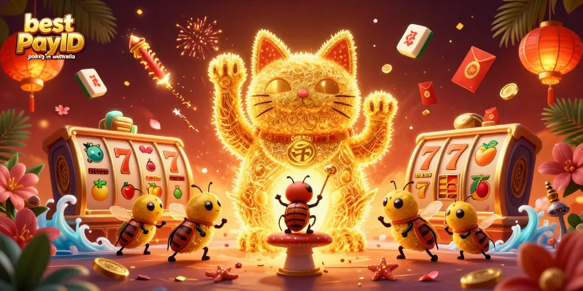 Engage with the best PayID pokies in Australia featuring a giant lucky cat and vibrant casino symbols.