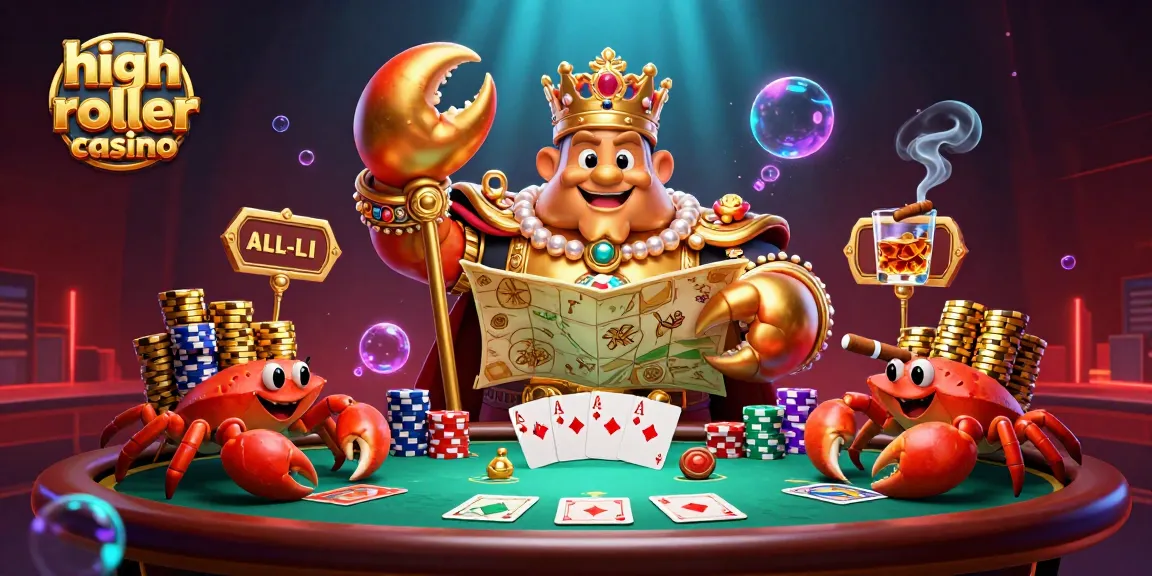Visualize high roller casino action with a golden crab emperor overseeing a vibrant poker table.